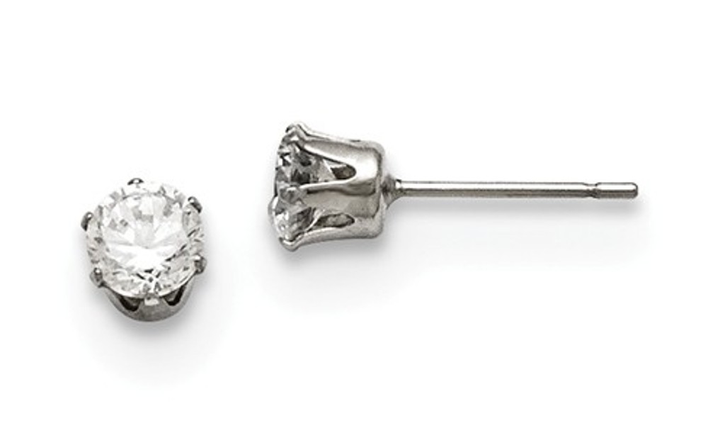Polished Stainless Steel Round CZ Stud Post Earrings