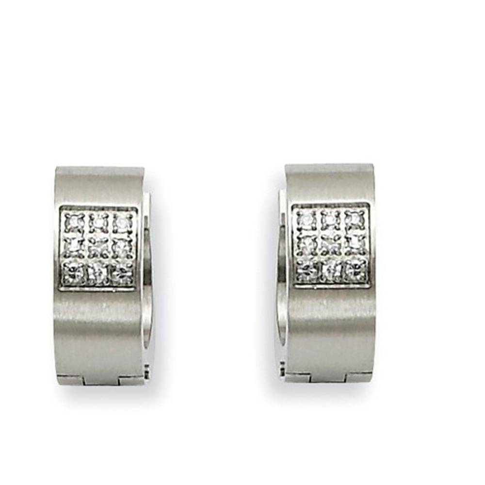 Brushed and Polished  Stainless Steel CZ Hinged Hoop Earrings