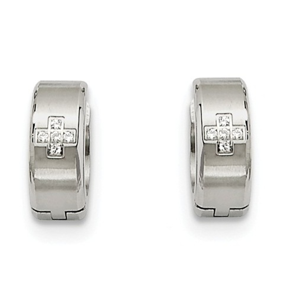 Brushed and Polished  Stainless Steel CZ Hinged Hoop Earrings