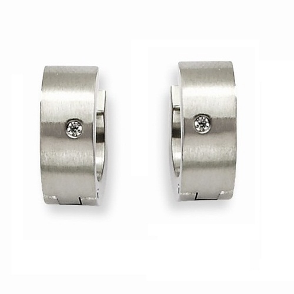 Brushed and Polished Stainless Steel  CZ Round Hinged Hoop Earrings