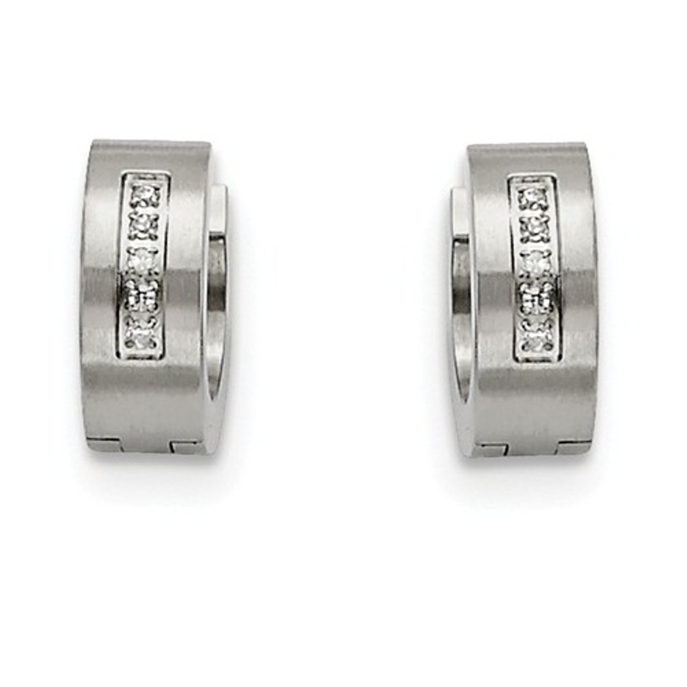 Brushed and Polished Stainless Steel CZ Hinged Hoop Earrings