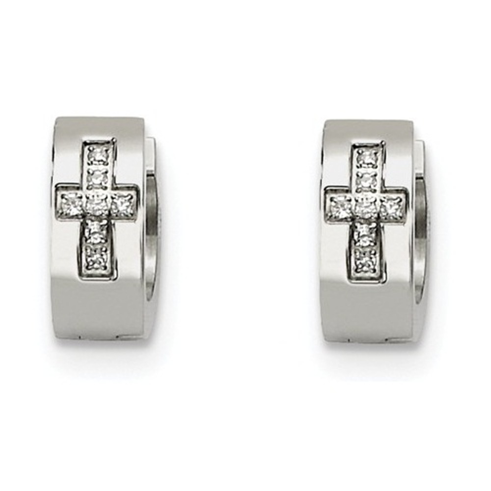 Brushed and Polished Stainless Steel CZ Cross Hinged Hoop Earrings