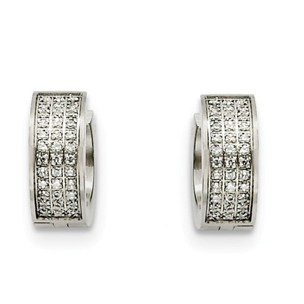 Stainless Steel CZ Stones Hinged Hoop Earrings