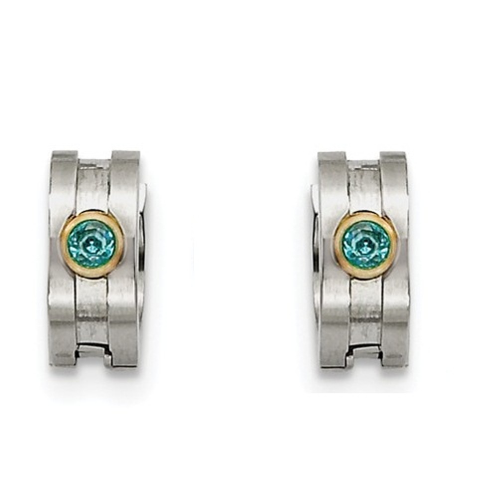 Yellow IP Stainless Steel Teal CZ Hinged Hoop Earrings