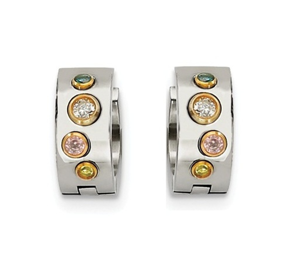 IP Stainless Steel Multicolor CZ Hinged Hoop Earrings