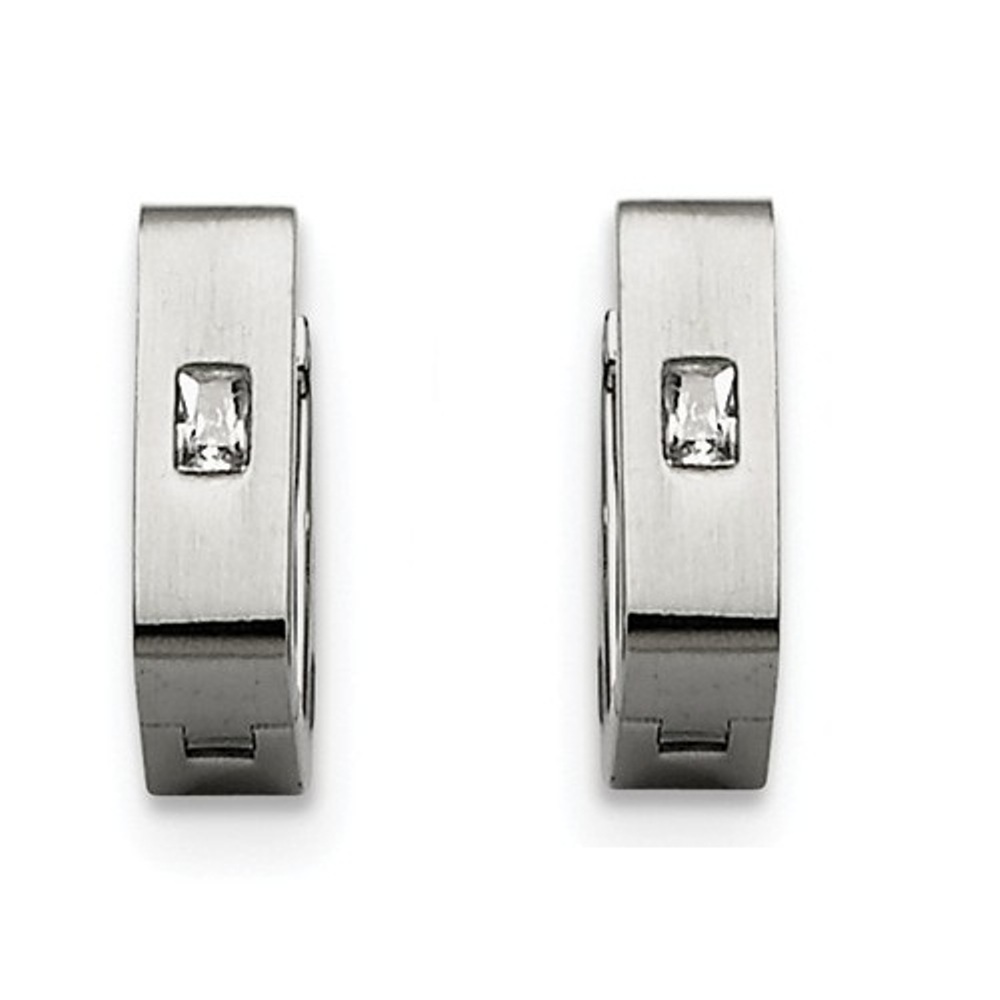 Brushed and Polished Stainless Steel CZ Hinged Square Hoop Earrings