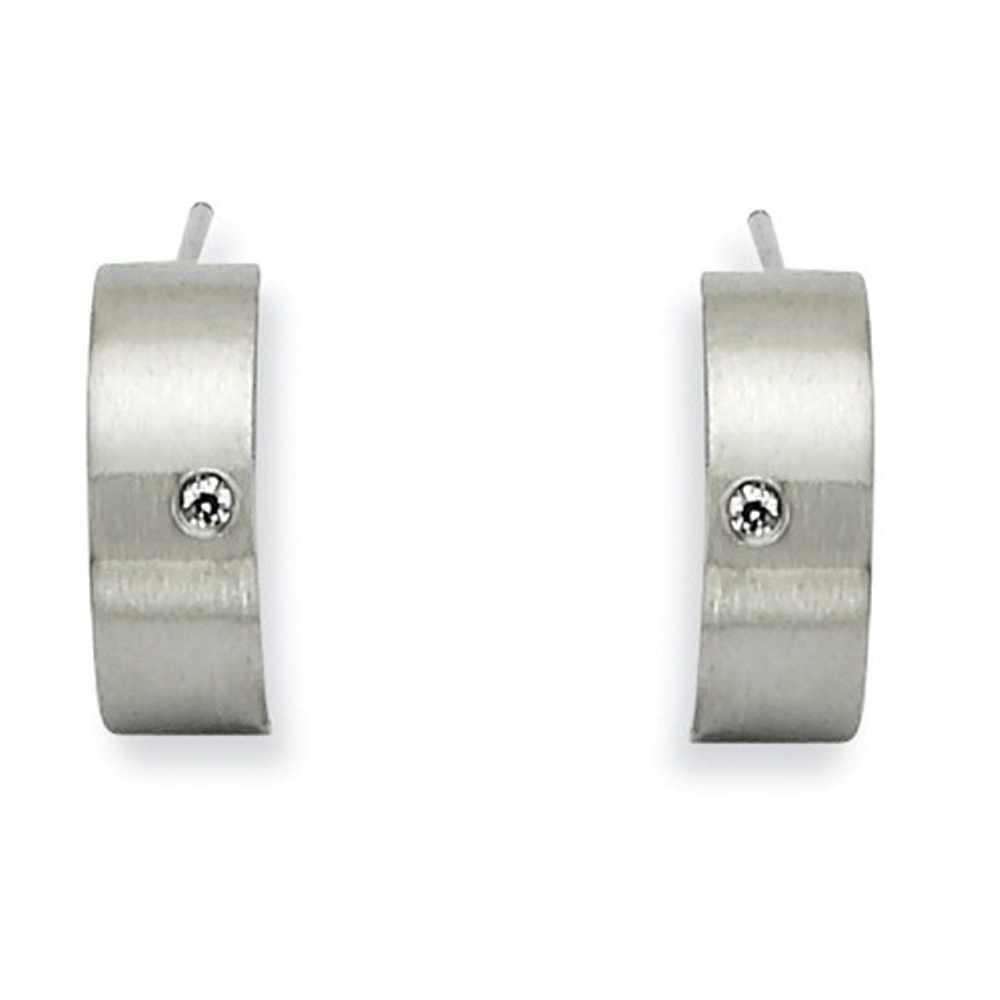 Brushed and Polished Stainless Steel CZ Half Hoop Post Earrings
