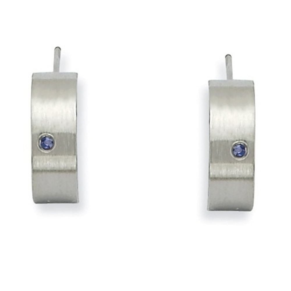 Brushed and Polished Stainless Steel Blue CZ Half Hoop Post Earrings