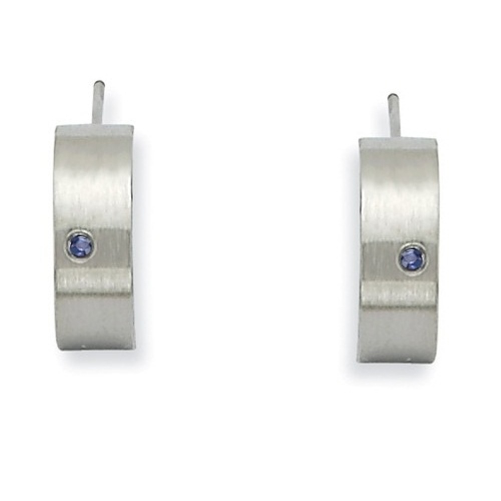 Brushed and Polished Stainless Steel Blue CZ Half Hoop Post Earrings