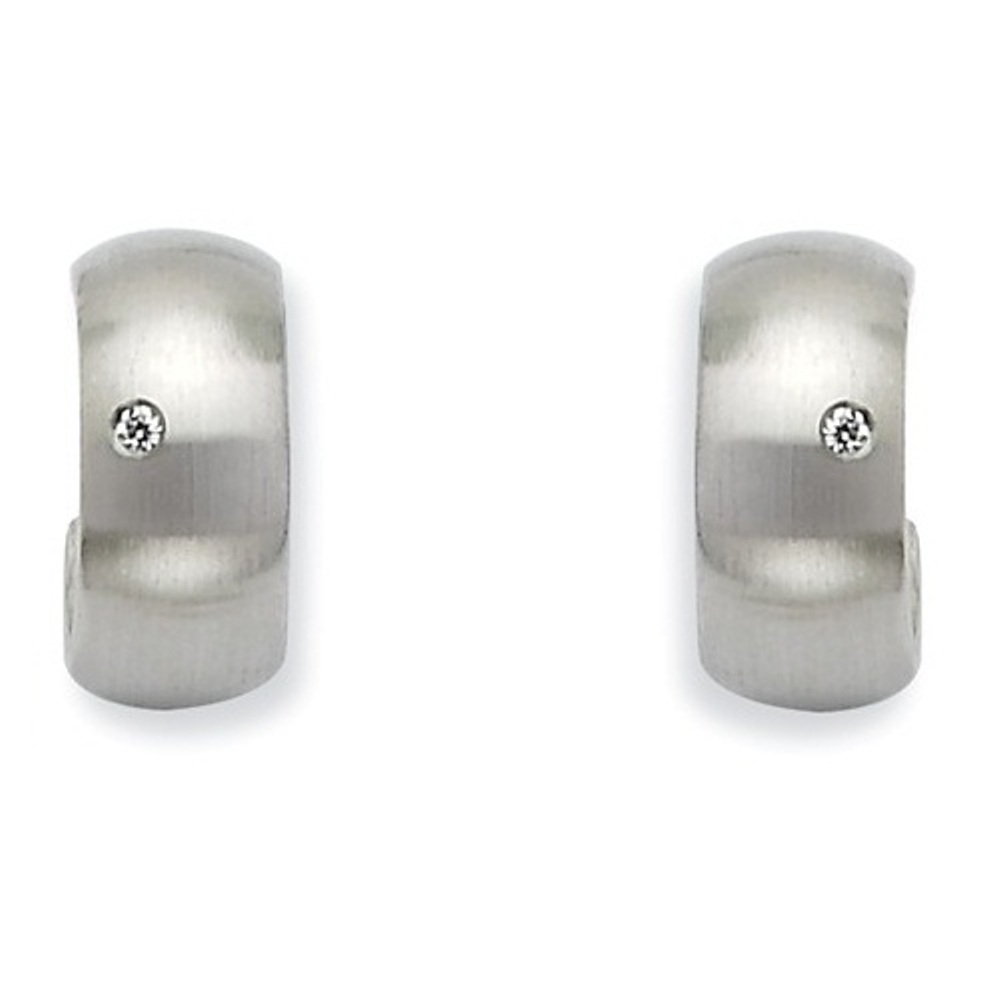 Brushed Stainless Steel CZ J Post Hoop Earrings