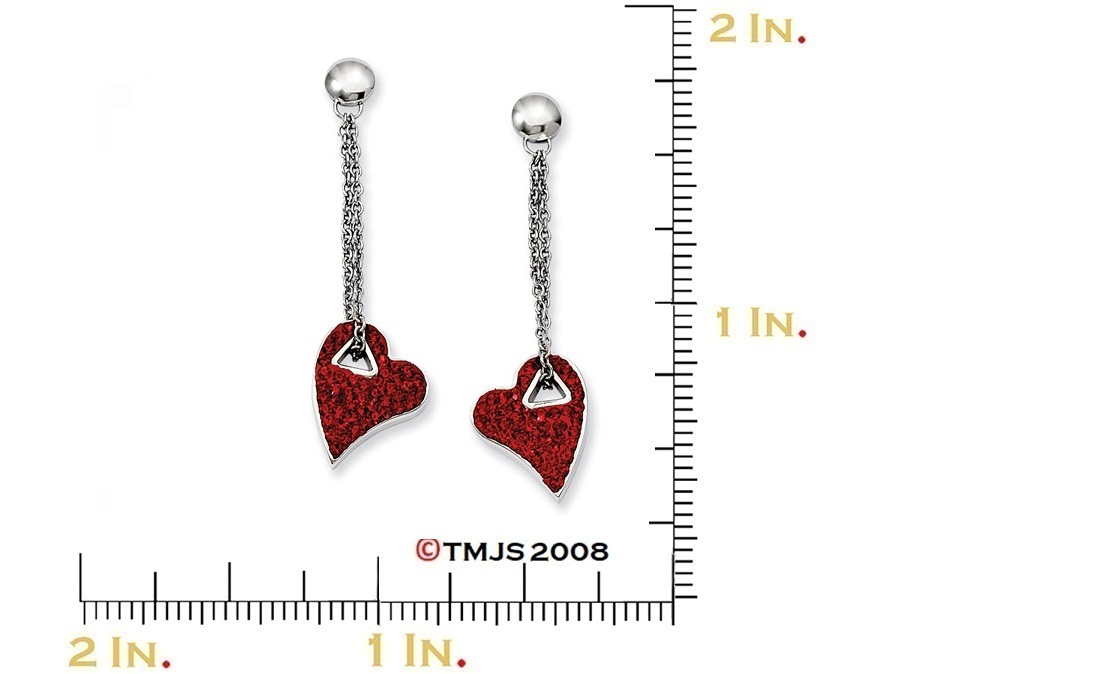 Stainless Steel Red Crystal Heart Post Dangle Earrings