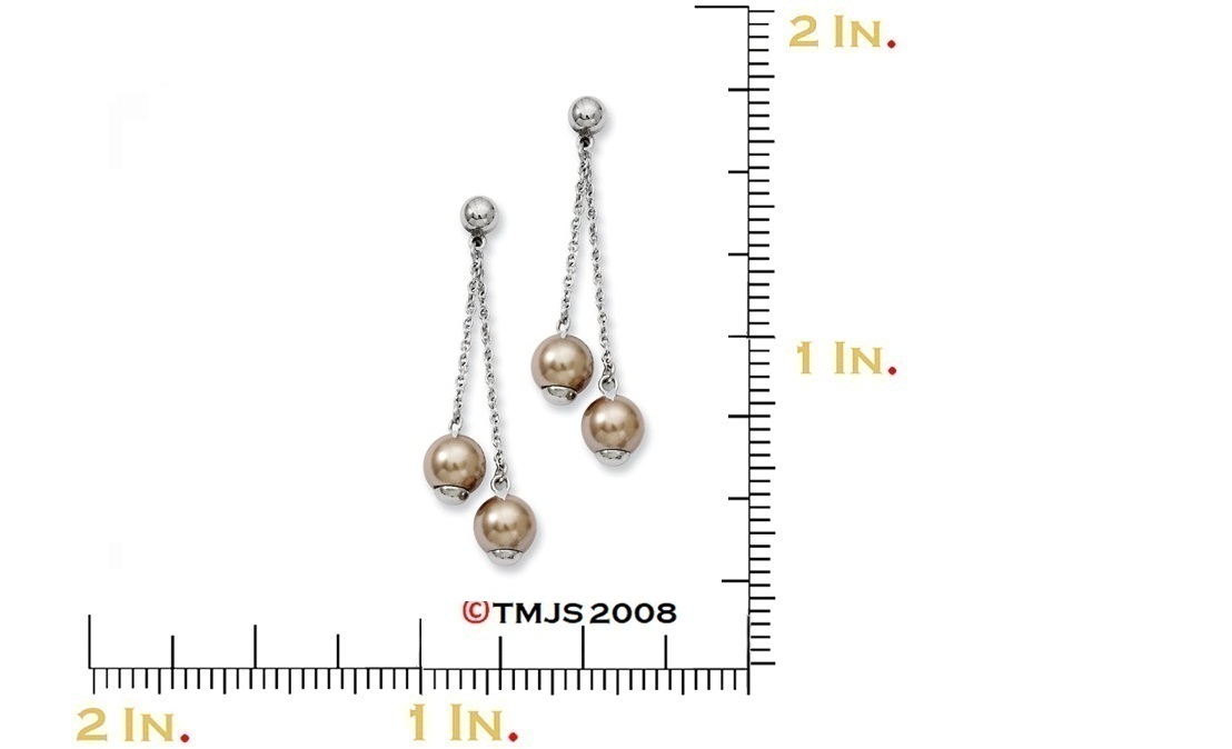 Stainless Steel Champagne Simulated Pearl Post Dangle Earrings