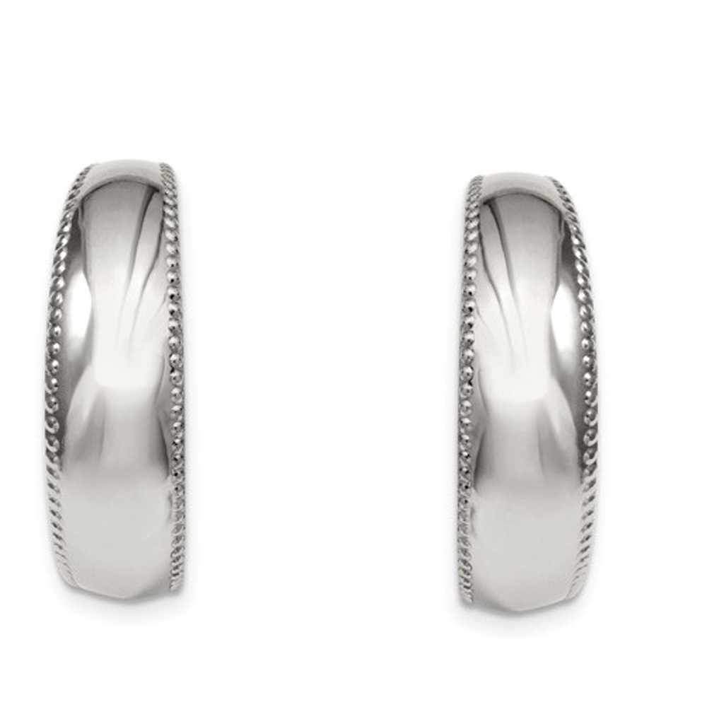 Polished Stainless Steel Textured Edge Hoop Earrings