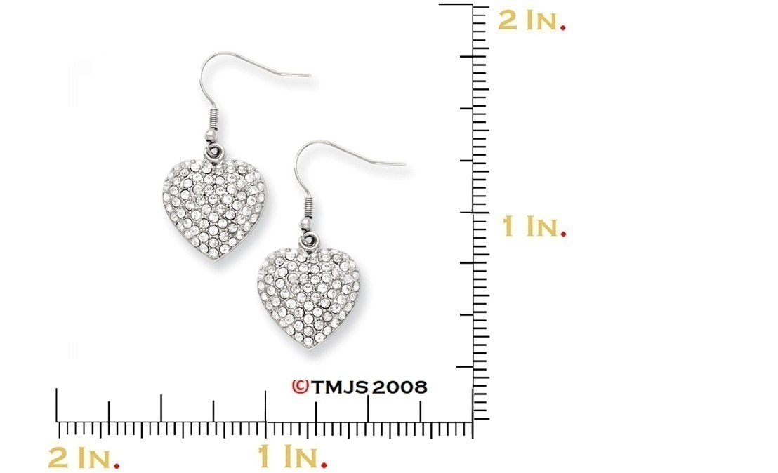 Polished Stainless Steel CZ Heart Dangle Earrings