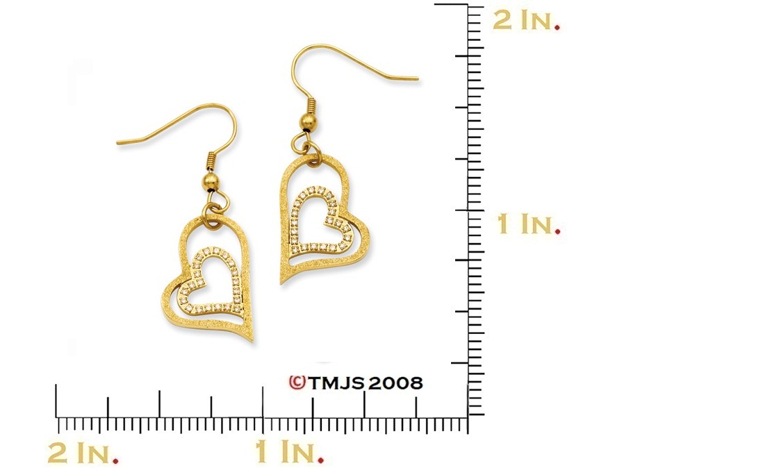 Yellow IP-Plated Stainless Steel Laser-Cut Heart with CZ Dangle Earrings