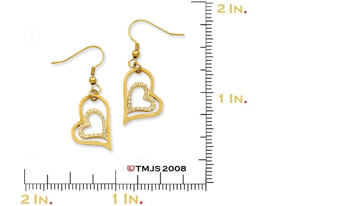 Yellow IP-Plated Stainless Steel Laser-Cut Heart with CZ Dangle Earrings