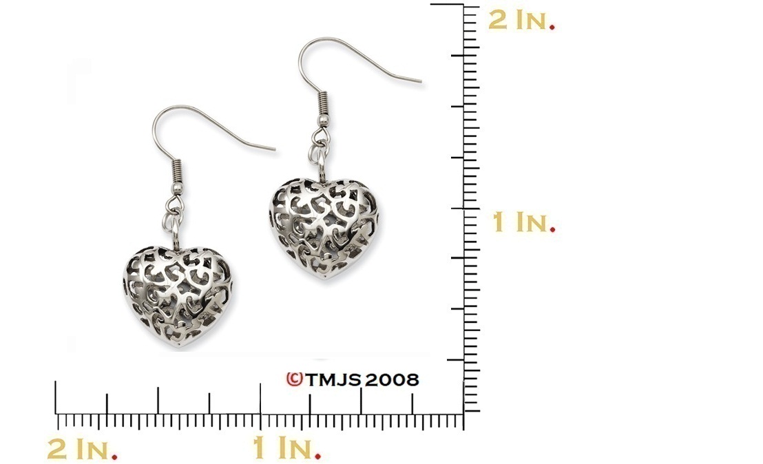 Polished Stainless Steel Puffed Heart Dangle Earrings