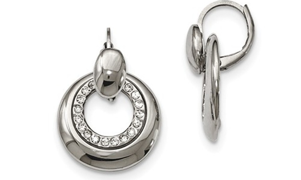 Polished Stainless Steel Circles with CZ Leverback Dangle Earrings