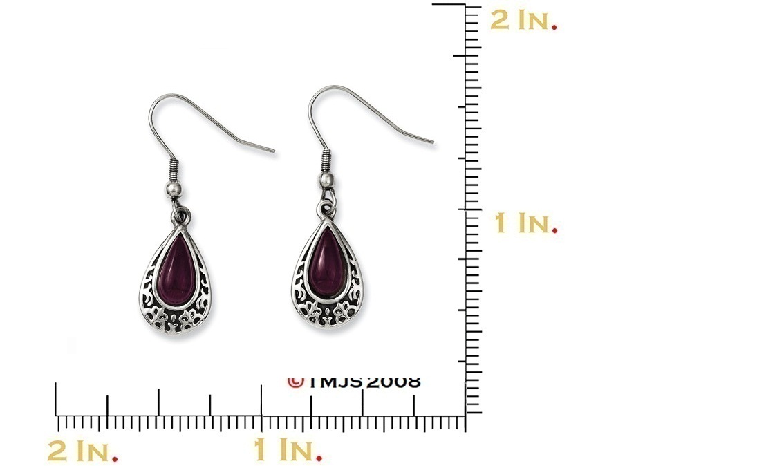 Antiqued Stainless Steel and Purple Cat's Eye Teardrop Dangle Earrings
