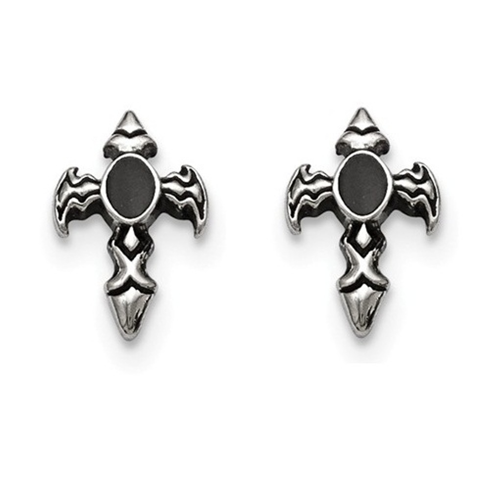 Antiqued Stainless Steel Black Epoxy Cross Post Earrings