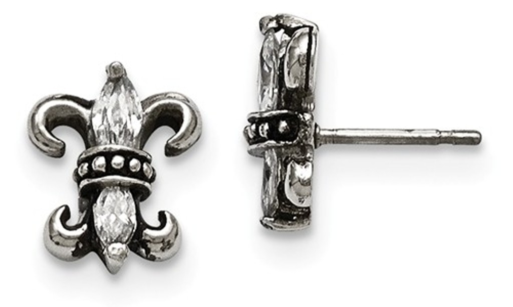 Antiqued Stainless Steel Fleur De Lis with CZ Post Earrings