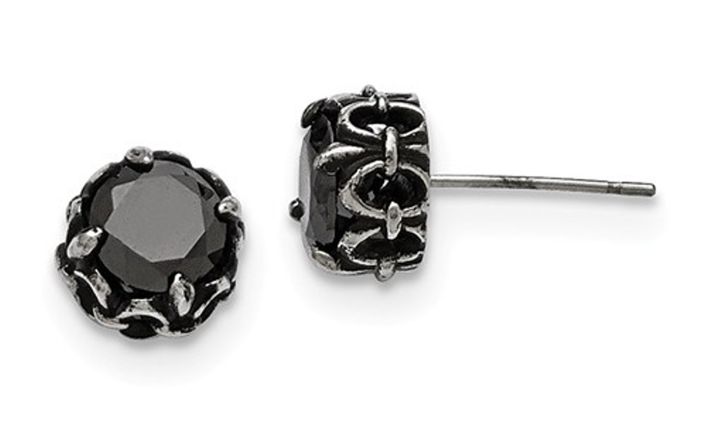 Antiqued Stainless Steel Black CZ  Post Earrings