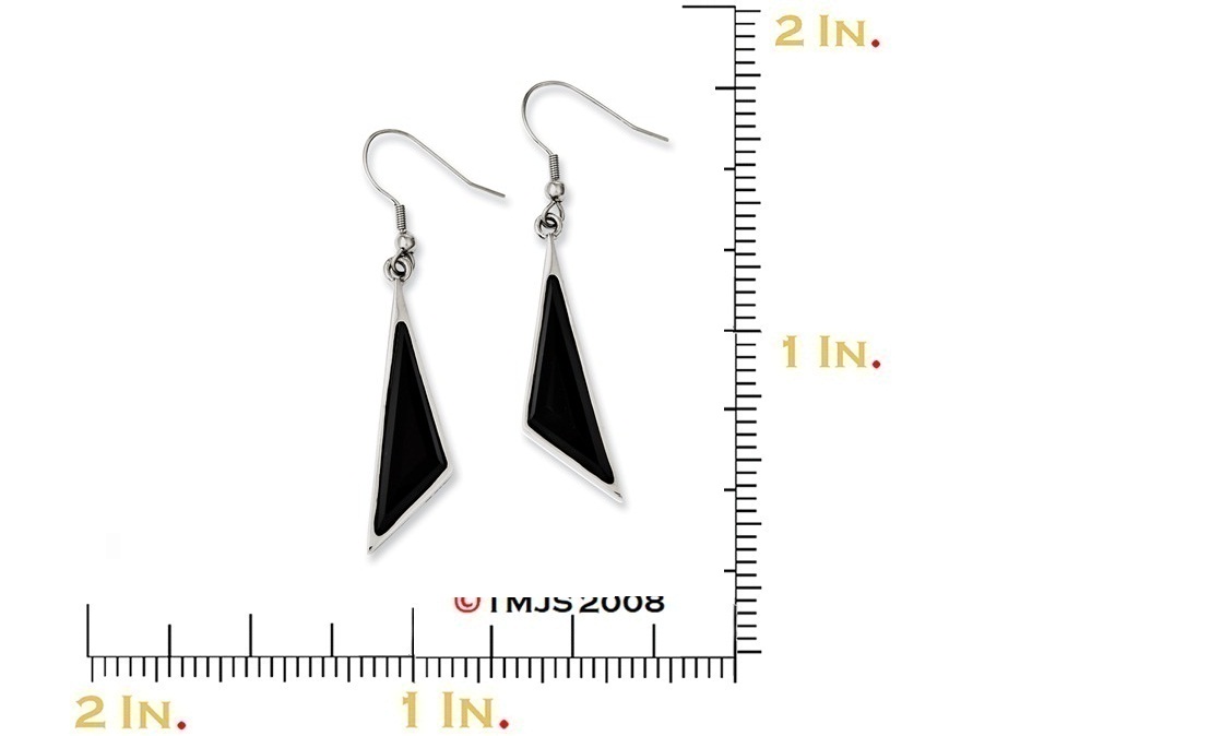 Polished Stainless Steel Black Glass Fancy Dangle Earrings