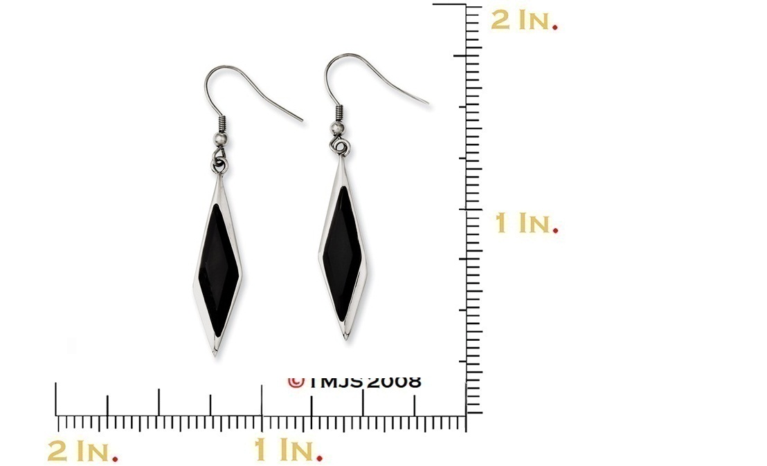 Polished Stainless Steel Black Glass Fancy Dangle Earrings