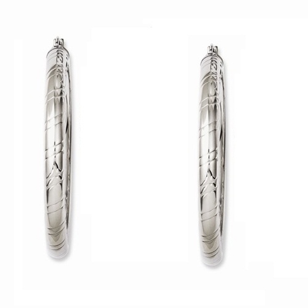 Polished Stainless Steel Half Textured and Hollow Hoop Earrings