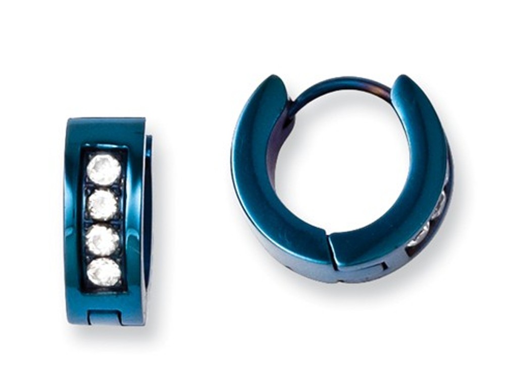 Blue IP-Plated Stainless Steel with CZ Hinged Hoop Earrings