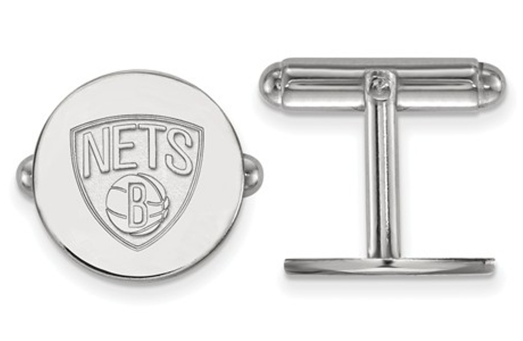Rhodium-Plated Sterling Silver, NBA LogoArt Brooklyn Nets, Round Cuff Links, 15MM 