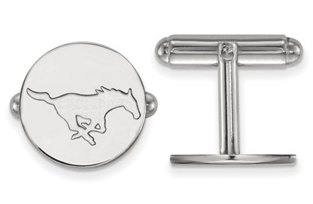 Rhodium-Plated Sterling Silver, LogoArt Southern Methodist University Round Cuff Links, 15MM