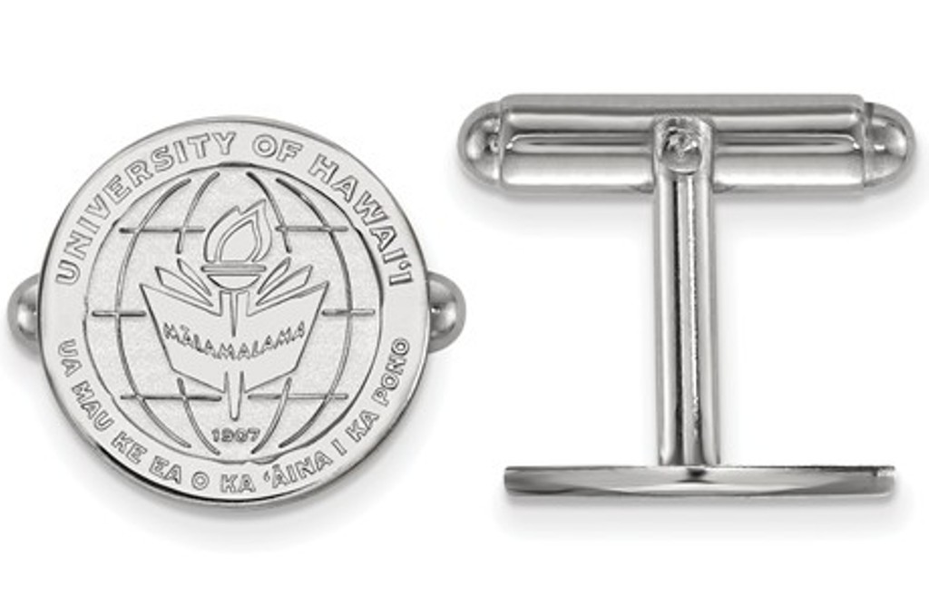 Rhodium -Plated Sterling Silver, LogoArt The University of Hawai'i, Crest Cuff Links, 15MM