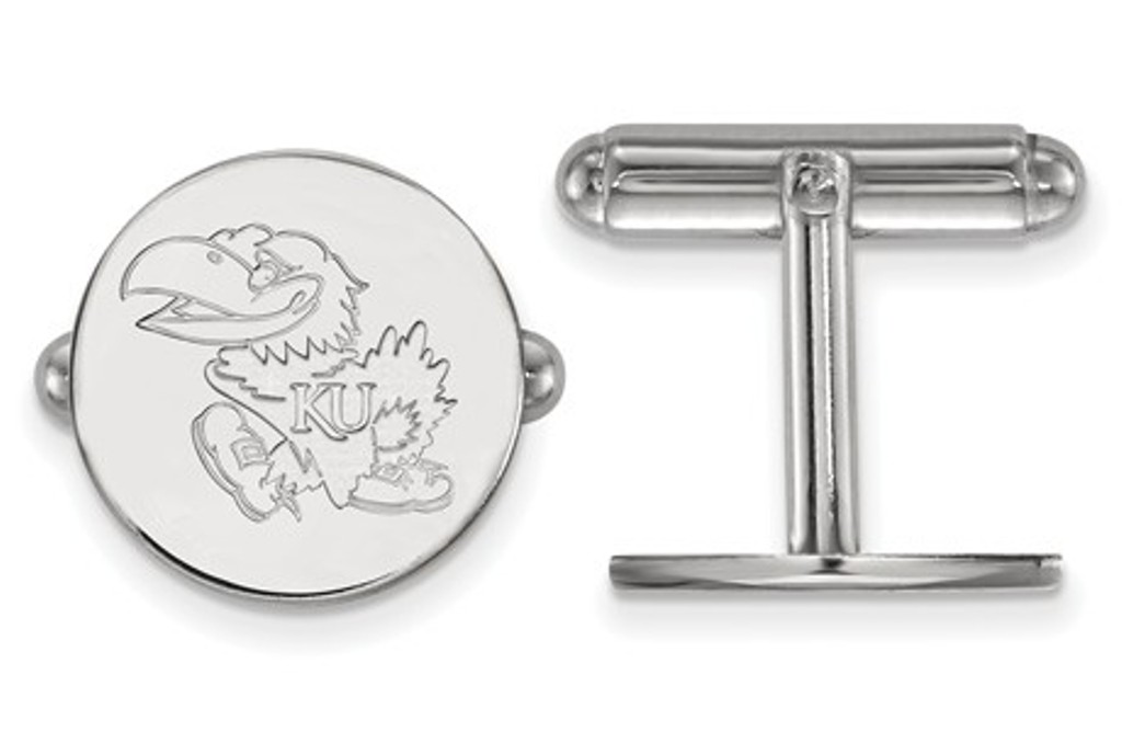 Rhodium-Plated Sterling Silver LogoArt University of Kansas Cuff Links, 15MM