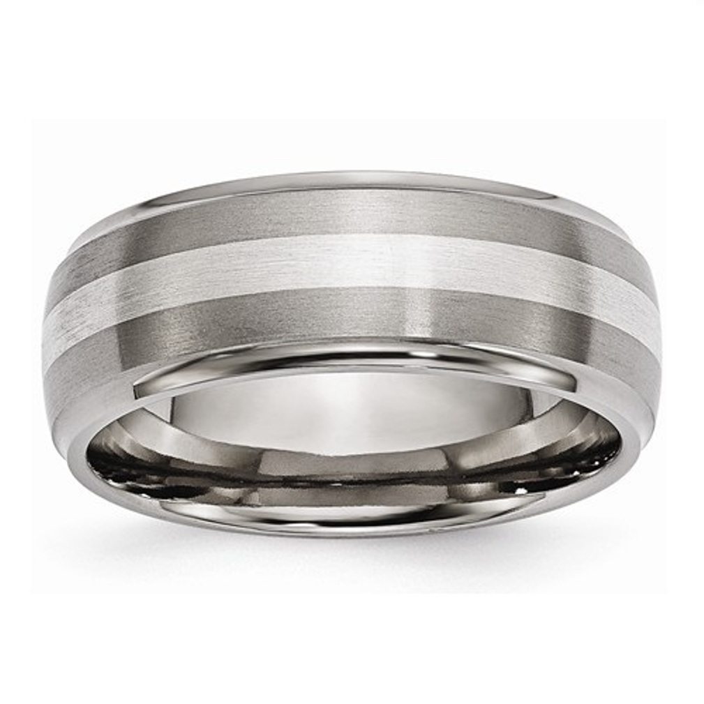 Brushed Titanium Ridged Edge 8mm Sterling Silver Inlay Wedding Bands