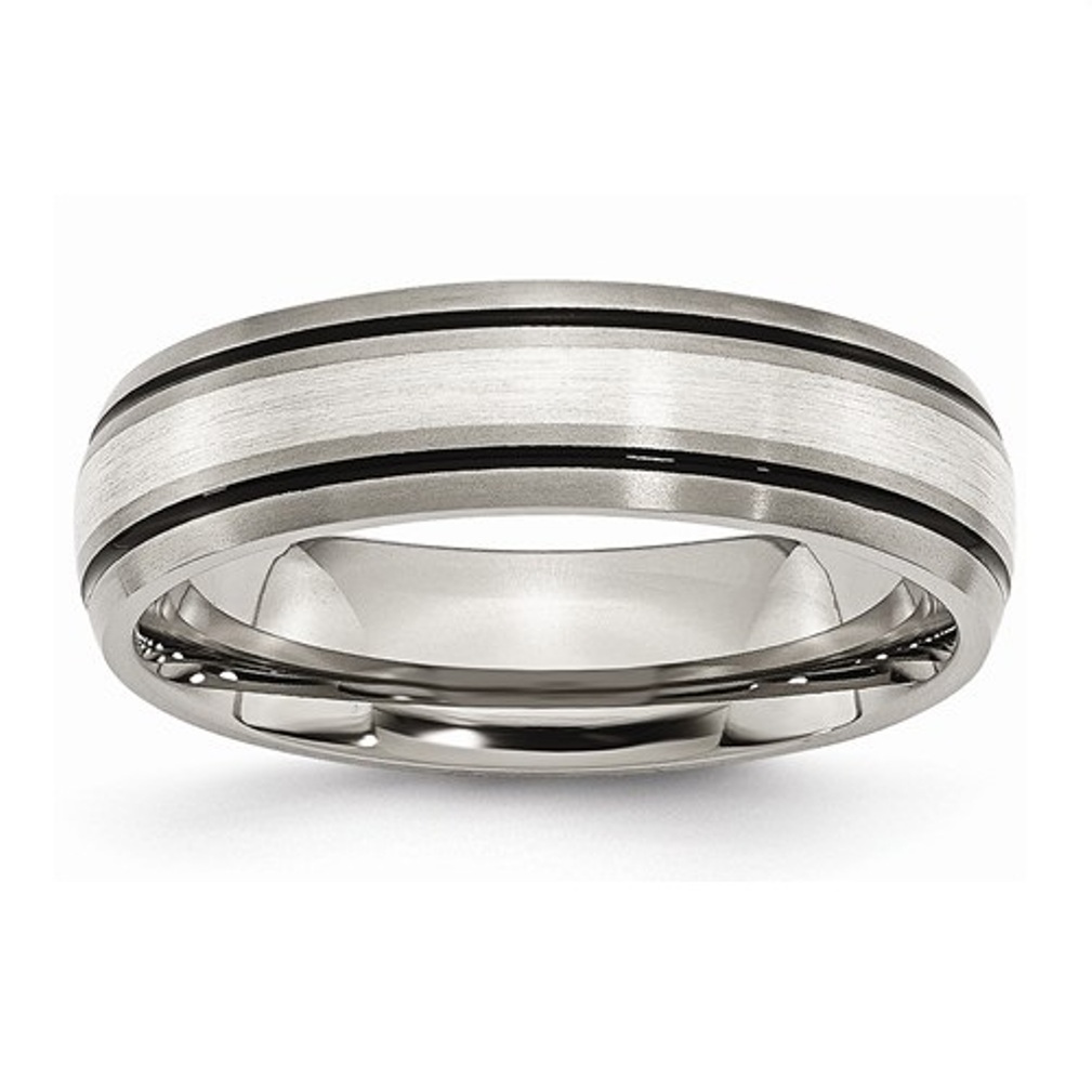 Brushed Titanium 6mm Grooved Sterling Silver Inlay Wedding Bands