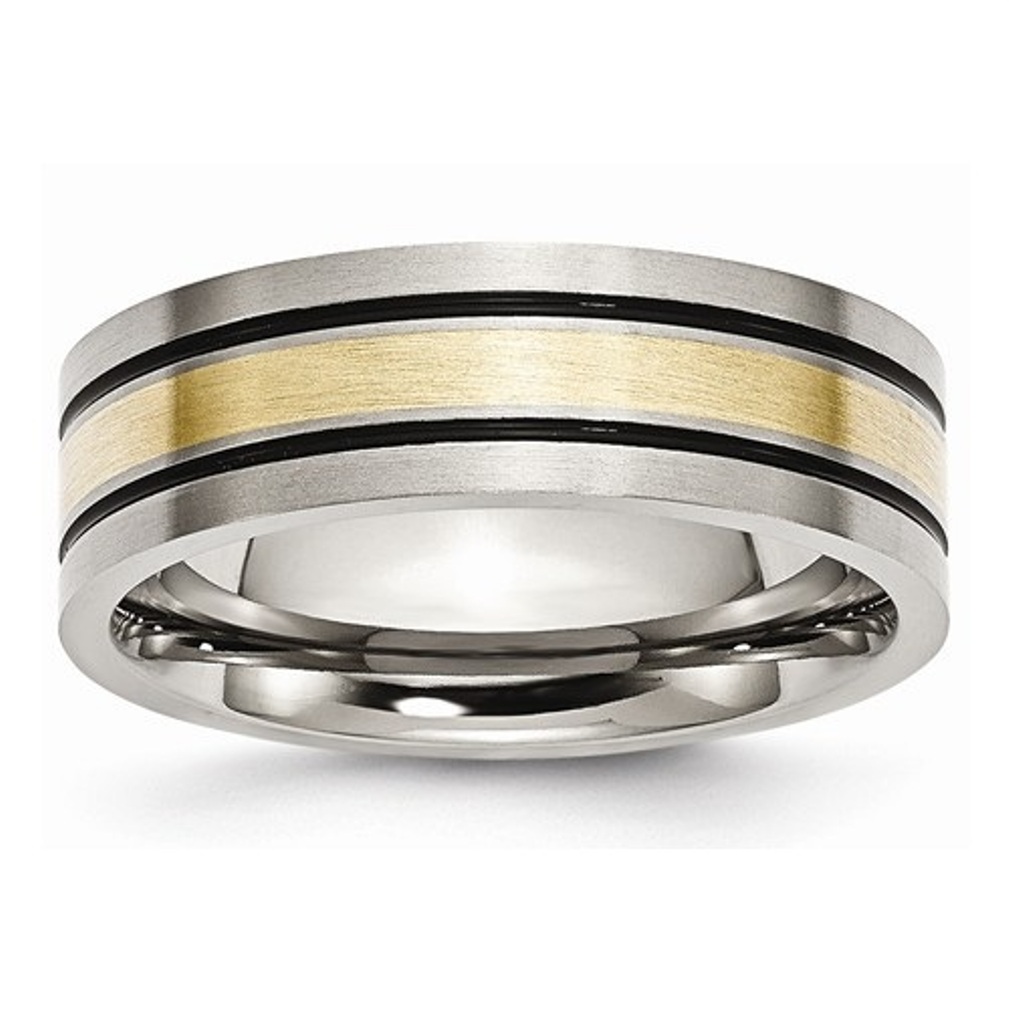 Brushed Titanium 7mm 14k Yellow Inlay Flat Wedding Bands