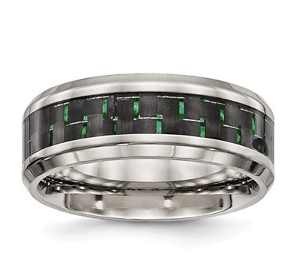 Grey Titanium, Black and Green Carbon Fiber Inlay 8mm Comfort Fit Ring