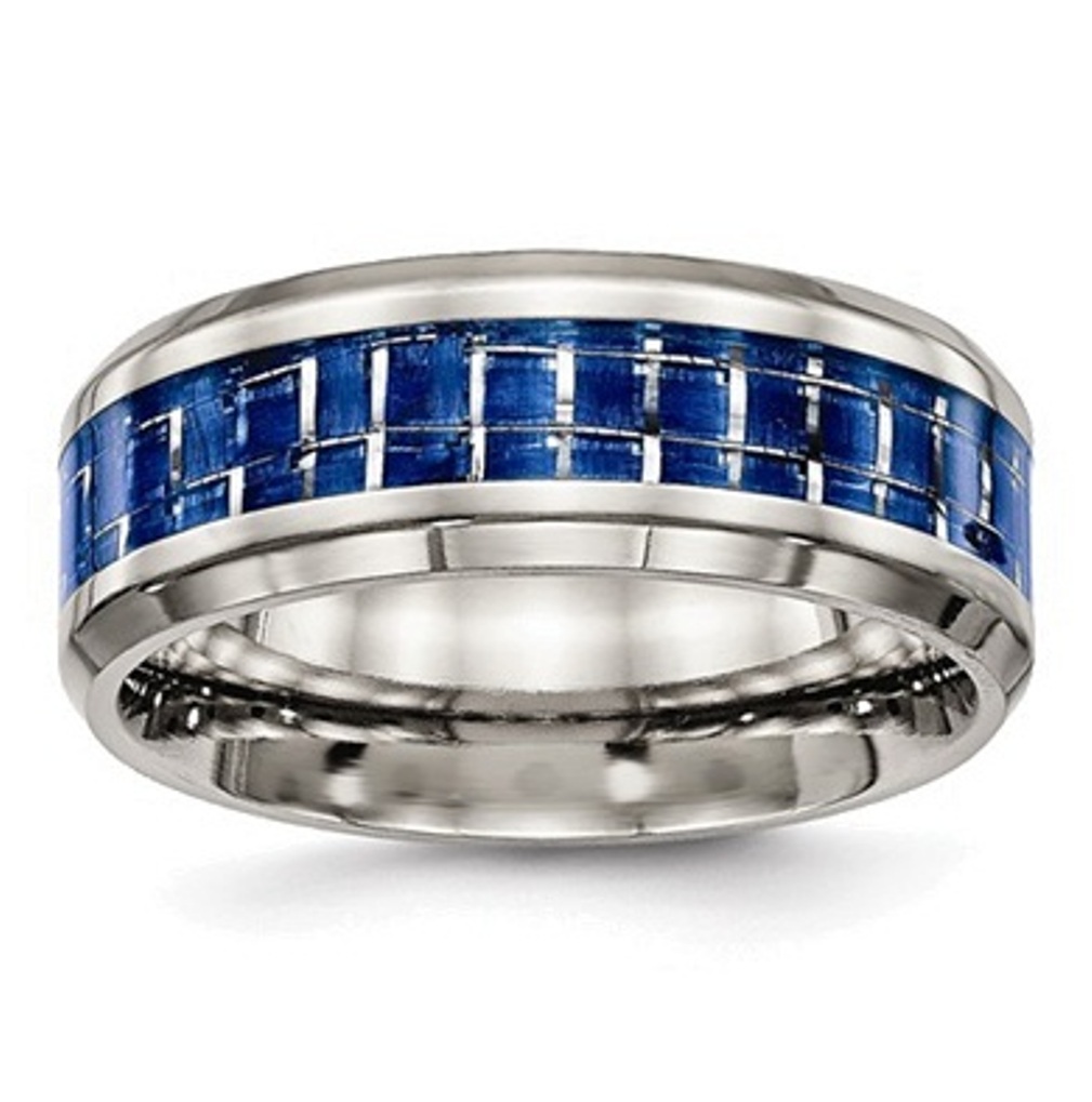 Grey Titanium, Blue and white Carbon Fiber Inlay 8mm Comfort Fit Ring