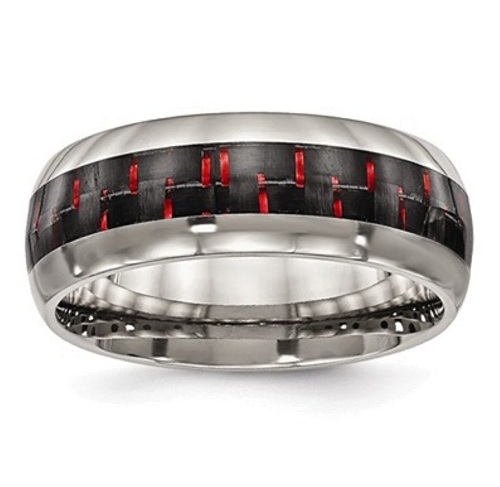 Grey Titanium, Black and Red Carbon Fiber Inlay 8mm Comfort Fit Ring