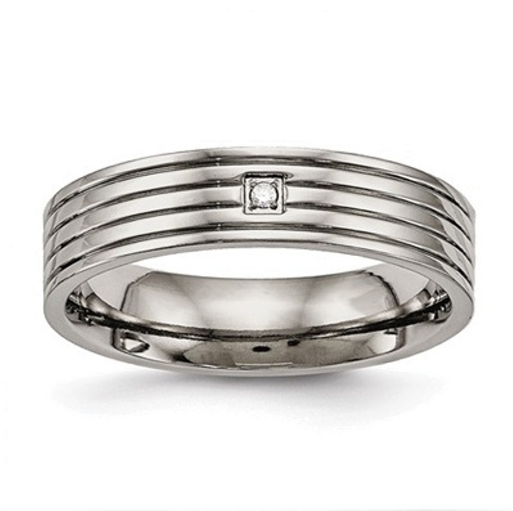 Polished Grey Titanium CZ Grooved Comfort-Fit Band