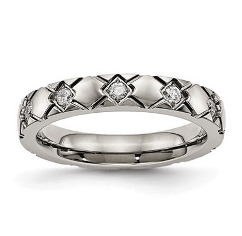 Polished Grey Titanium CZ Criss Cross Grooved Band