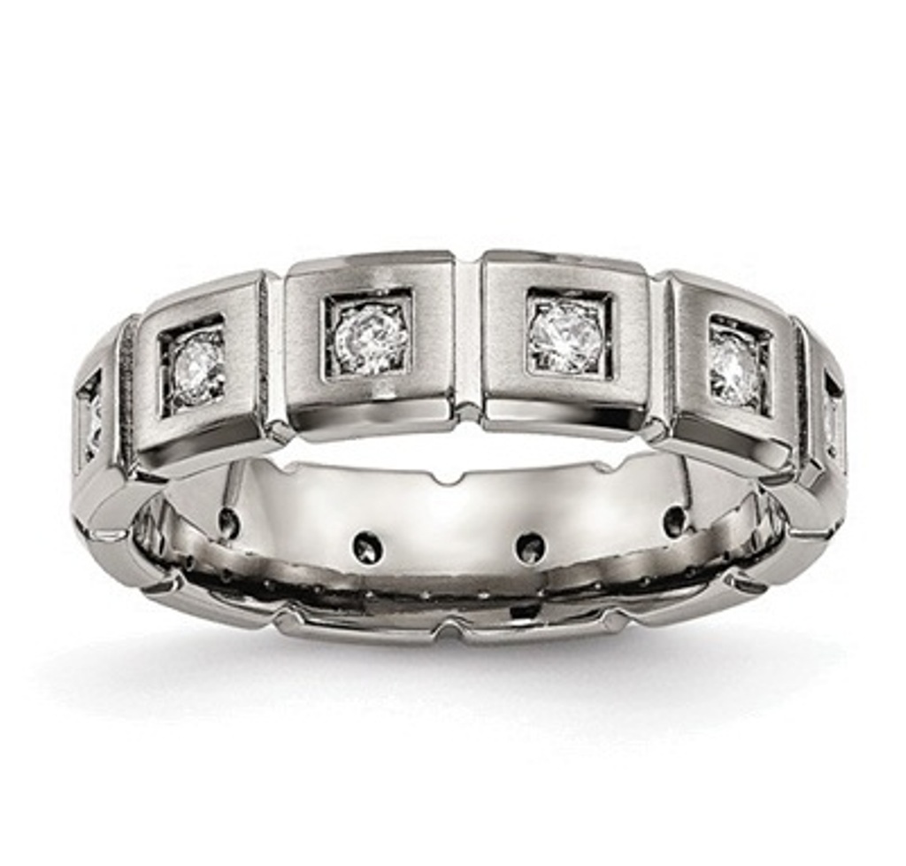 Brushed and Polished Grey Titanium CZ Grooved Band