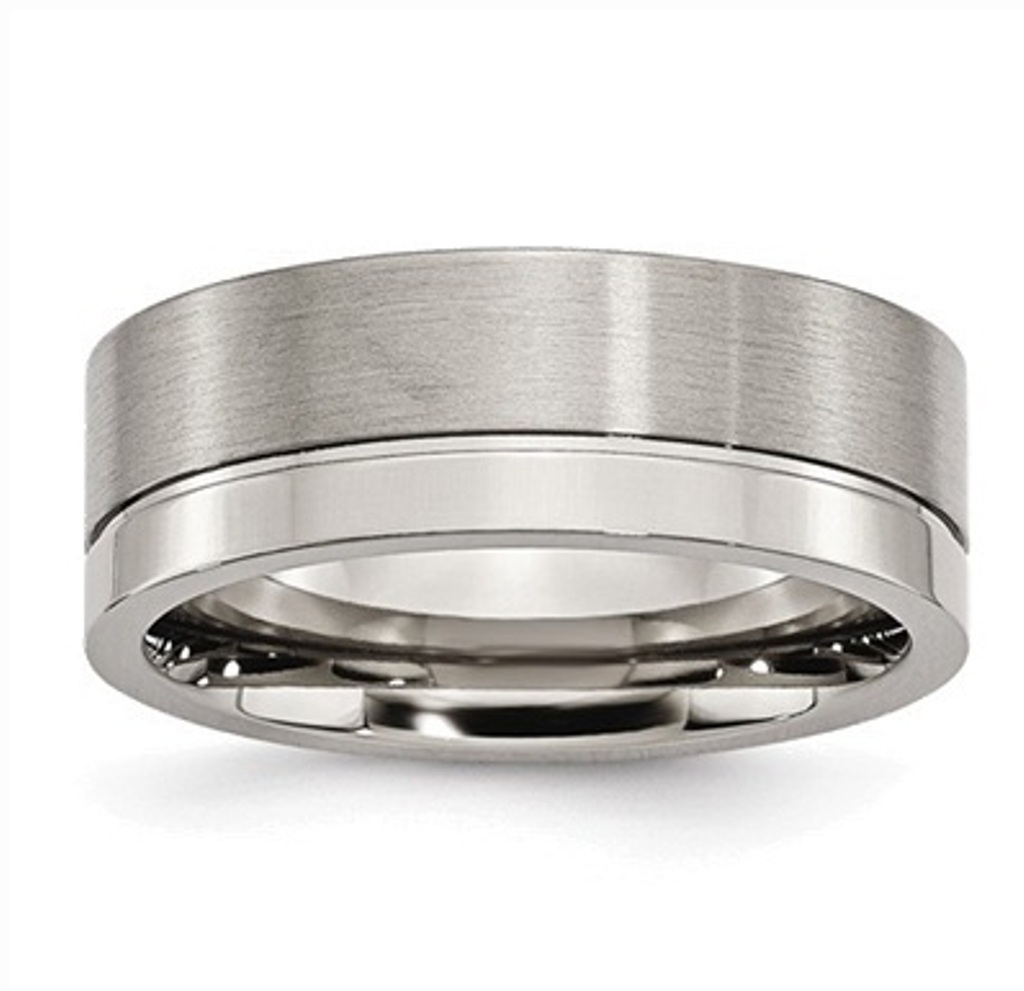 Brushed and Polished Titanium 6mm Sterling Silver Inlay Ridged Edge Band