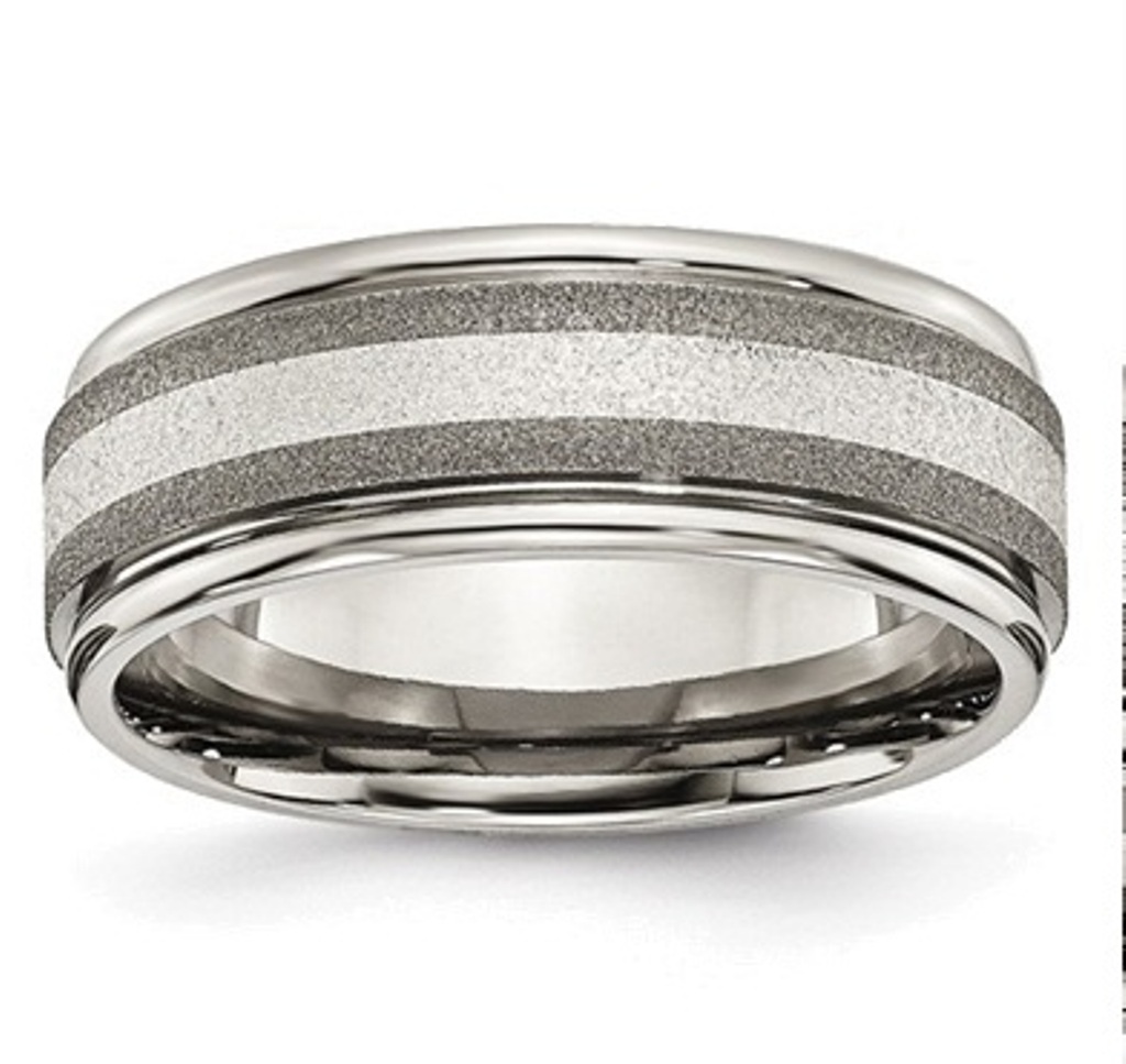 Brushed and Polished Titanium Stone Finish Center Grooved Edge Sterling Inlay Band