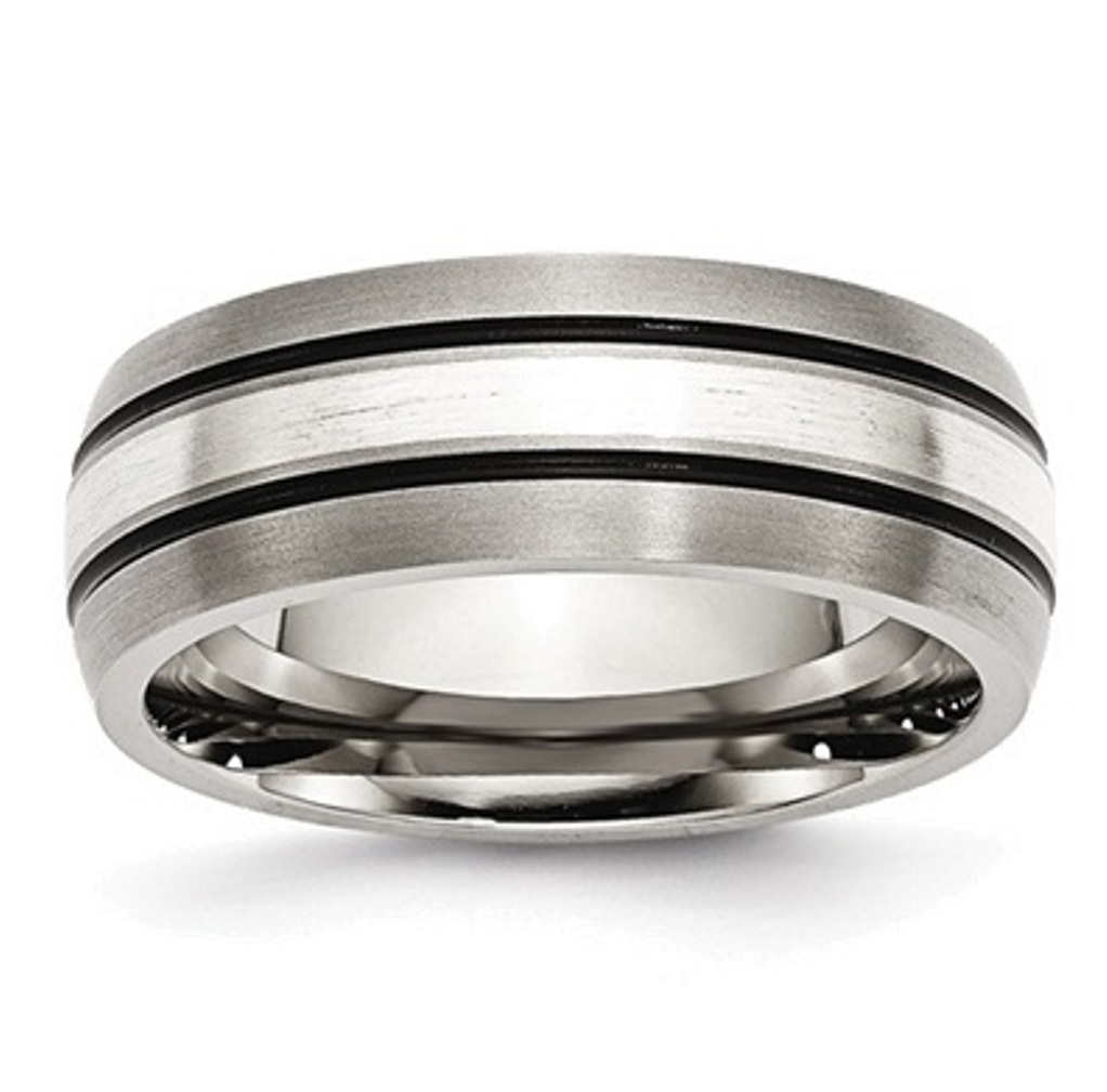 Brushed and Antiqued Titanium 8mm Grooved Sterling Silver Inlay Band