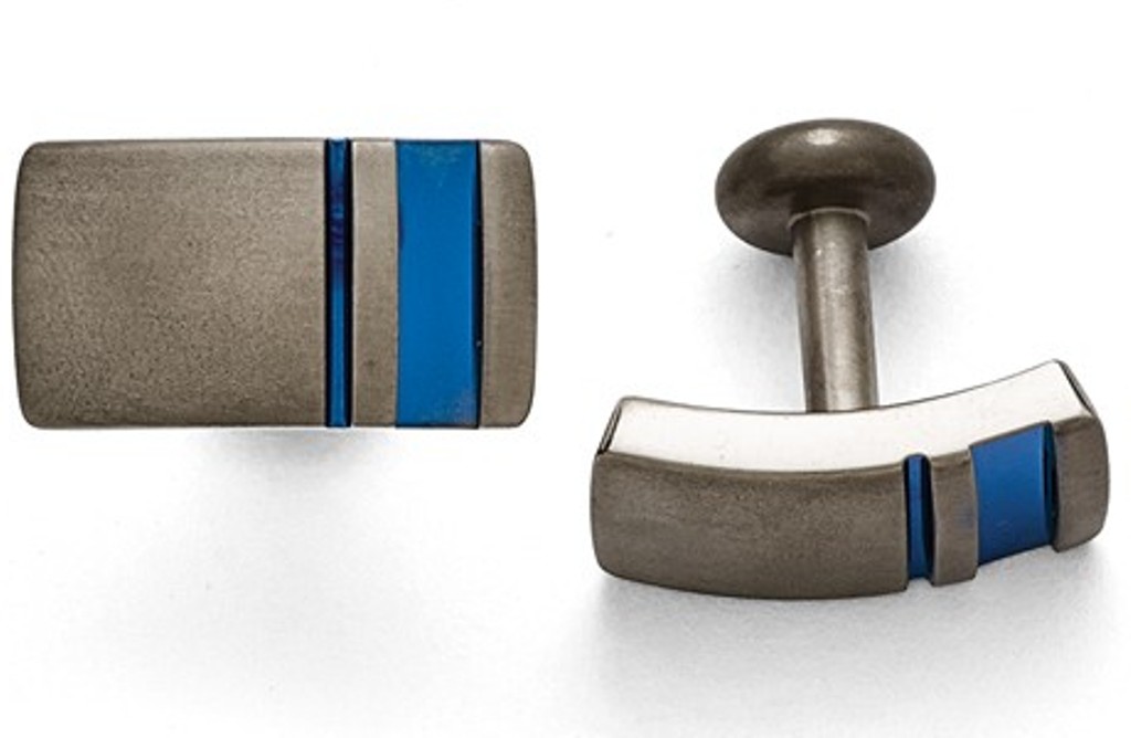  Anodized Titanium Grey Ti, Satin Brushed, Blue Anodized Stripe Cuff Links, 