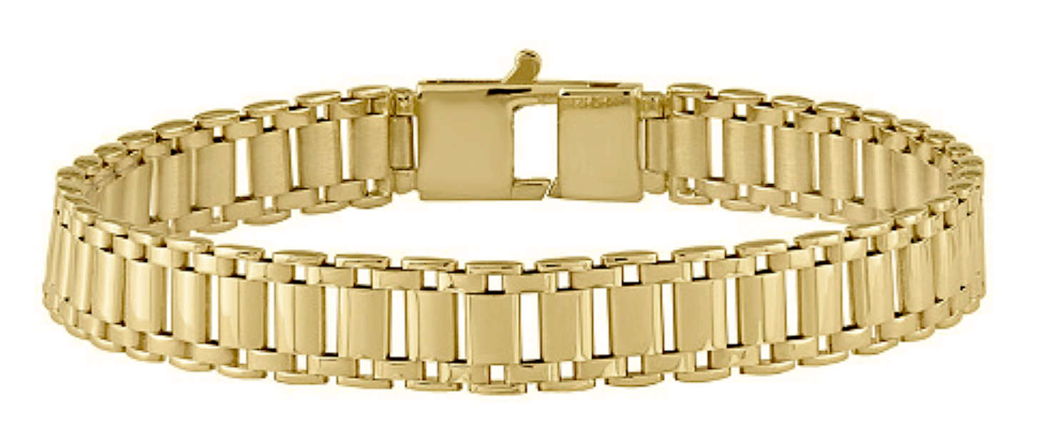 Men's Italian 2-tone 14k yellow gold and 14k white gold bar and Panther link bracelet is 8.25 inches long and 7.62 millimeters wide.