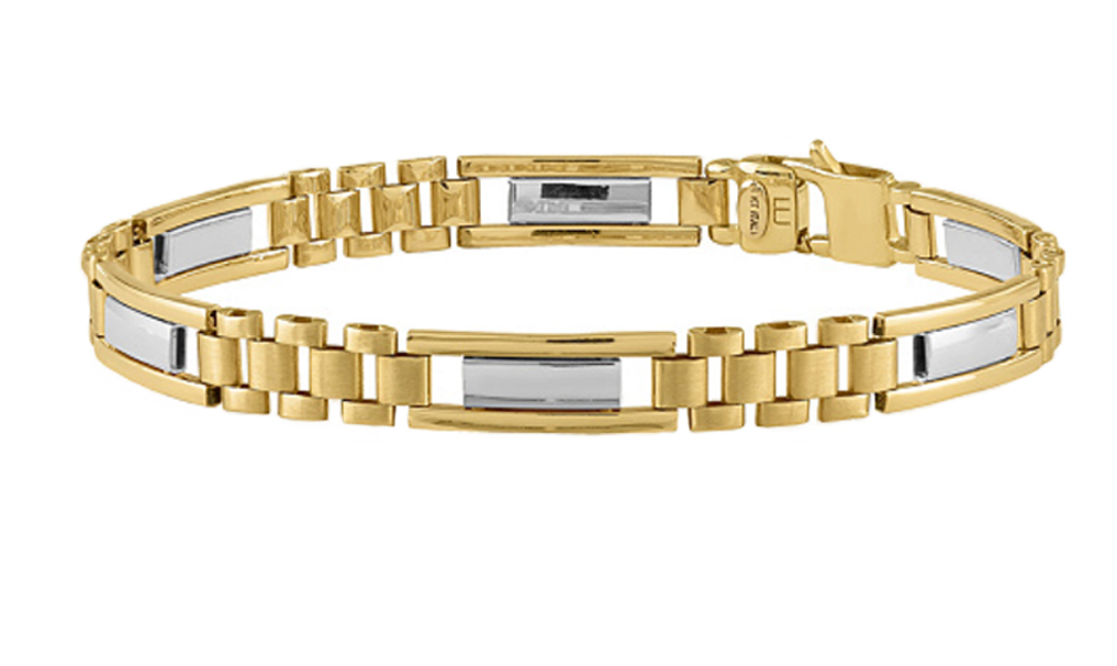 Men's Italian 2-tone 14k yellow gold and 14k white gold bar and Panther link bracelet is 8.25 inches long and 7.62 millimeters wide.