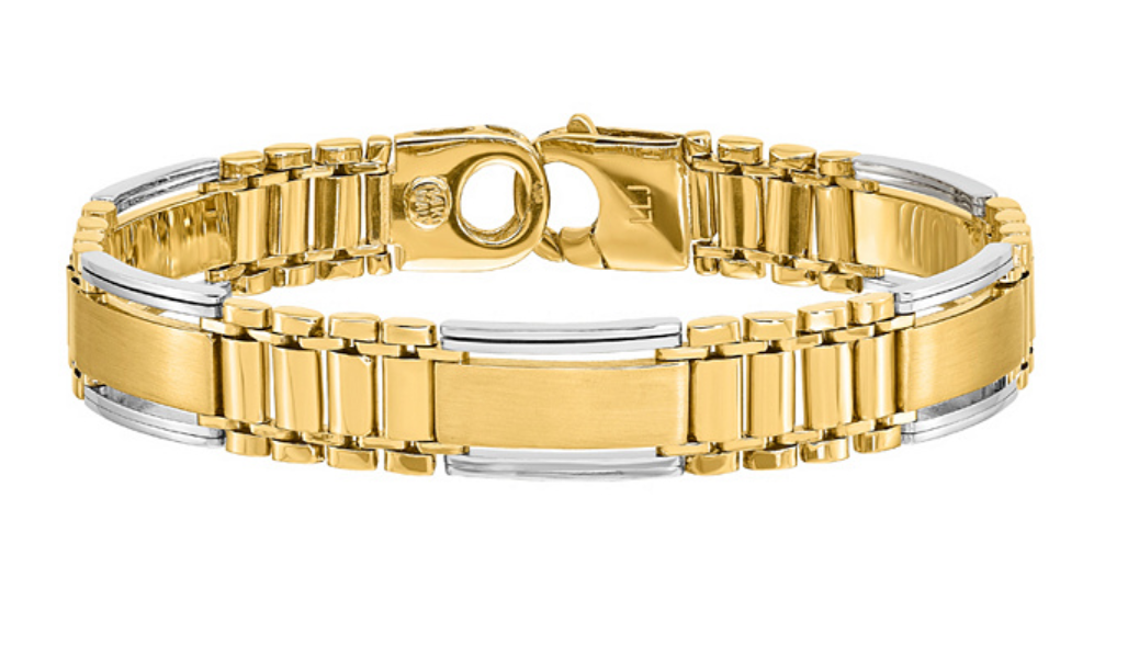 Men's Italian 14k yellow and white gold bar and panther link bracelet.